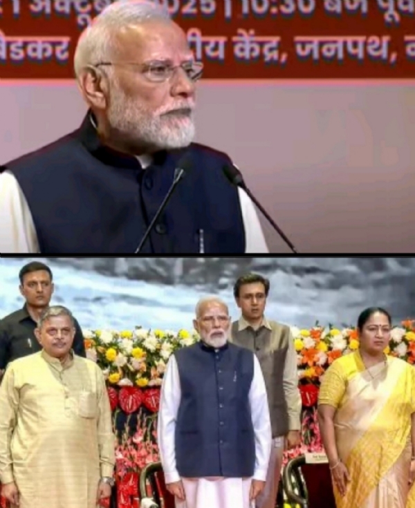Prime Minister Narendra Modi addresses RSS centenary celebrations in New Delhi.