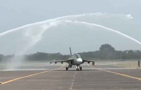 The LCA Tejas Mark 1A was given a water salute before its flight.