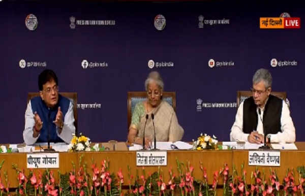 Union Finance Minister Nirmala Sitharaman,Commerce Minister Piyush Goyal and IT Minister Ashwini Vaishnaw addressing the media