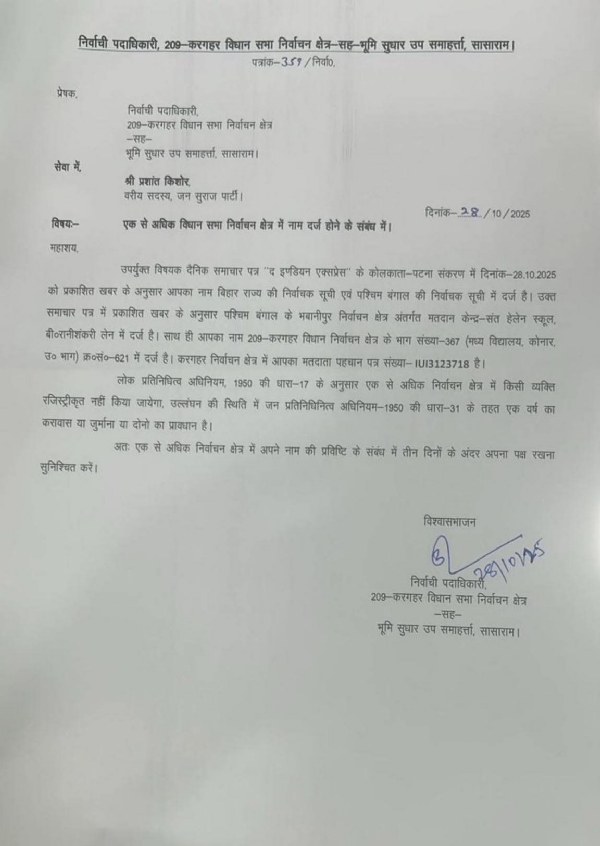 EC Issues Notice to Prashant Kishor Over Dual Voter Registration in Bihar and Bengal EC Issues Notice to Prashant Kishor Over Dual Voter Registration in Bihar and Bengal