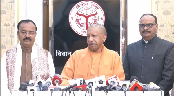 UP CM speaking to reporters at media center in Vidhan Bhavan