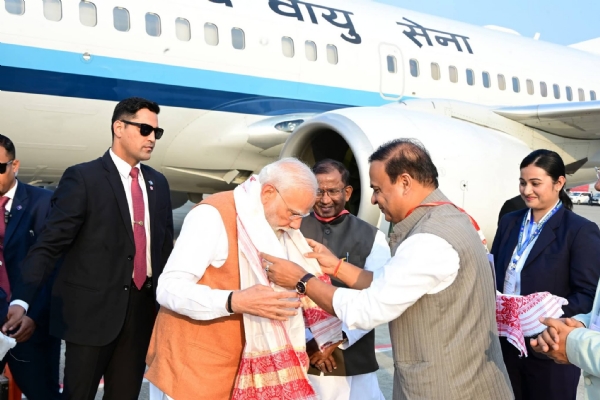 Assam Chief Minister Dr Himanta Biswa Sarma on Saturday welcoming the Prime Minister Narendra Modi at LGBI airport Guwahati.