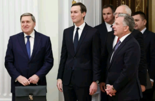 Russian envoy Yuri Ushakov, left, President Trump’s son-in-law Jared Kushner, center, and U.S. special envoy Steve Witkoff, foreground right, meet in Moscow on Dec. 2. Kushner and Witkoff met with another Russian envoy this weekend in Florida.