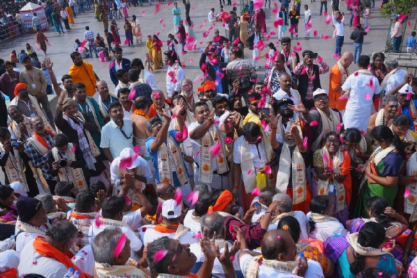 Group delighted by flower shower and welcome