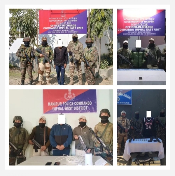 मणिपुर में चार उग्रवादियों की गिरफ्तारी और हथियार-गोलाबारूद बरामदगी की तस्वीरें।