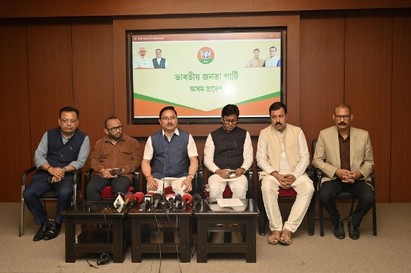 Image of the State BJP President Dilip Saikia and senior BJP leaders Pallav Lochan Das, Diplu Ranjan Sharma, Pulak Goswami, Chief Spokesperson Manoj Barua and Media Incharge Devan Dhruva Jyoti Maral addressing a press conference at the State BJP Headquarters Atal Bihari Vajpayee Bhawan.