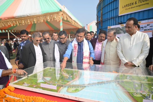 Image of the Bhoomi Pujan of Palashbari-Sualkuchi Bridge by Assam CM.