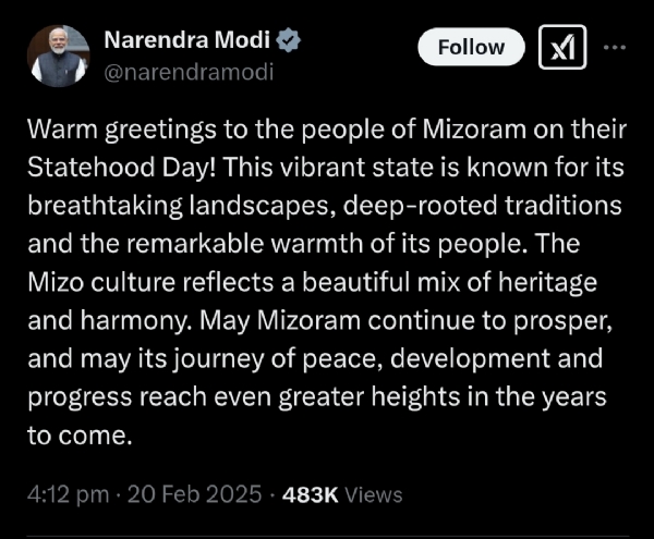 Prime Minister extends greetings to the people of Mizoram on their Statehood Day