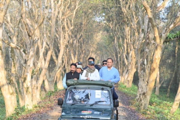 Assam: Union External Affairs Minister S Jaishankar enjoying the natural environment through a jeep safari in the Konhara Range of Kaziranga National Park
