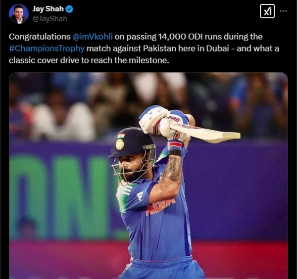Jay Shah congratulates Kohli on X