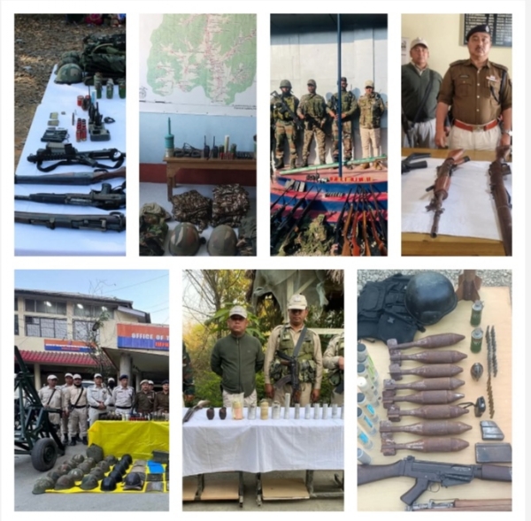 मणिपुर में समर्पित हथियार और विस्फोटकों की तस्वीरें।