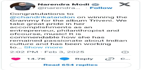 PM Modi  congratulates musician Chandrika Tandon on winning Grammy award