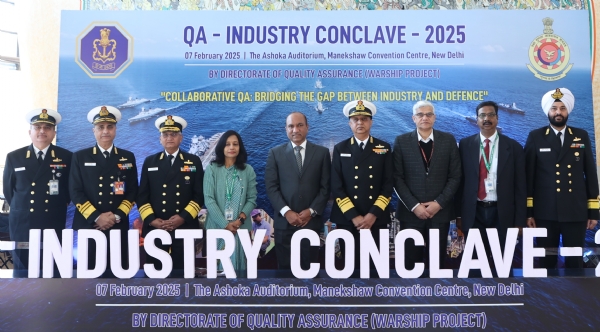 The Industry Quality Assurance (QA) Conclave, on the theme ‘Collaborative Quality Assurance: Bridging the Gap Between Industry and Defence’, was held in New Delhi on February 07, 2025. Delivering the keynote address, Secretary (Defence Production) Shri Sanjeev Kumar highlighted India’s strides in defense manufacturing under the Aatmanirbhar Bharat initiative. He underlined the pivotal role of innovation, collaboration, and quality assurance and mindset in making India a global leader in defense exports. The conclave aimed to foster deeper collaborations and innovative strategies between the defense sector & shipbuilding industries to promote indigenisation and excellence in defense manufacturing.  Chief of Materiel, Indian Navy Vice Admiral Kiran Deshmukh described technical innovation, collaboration, and rigorous testing as key pillars for a robust and quality-driven defense ecosystem. Director General of Quality Assurance Shri N Manoharan highlighted the importance of a strong QA-industry partnership and the need for standardized, innovative, and risk-managed processes to enhance the quality of defense manufacturing. Additional Director General (QA) Warship Production Rear Admiral Iqbal Singh Grewal highlighted the critical role of emerging technologies and streamlined QA processes in achieving excellence in defense manufacturing.  Discussions at the conclave explored innovative quality assurance practices, including proactive quality control strategies and enhanced collaboration frameworks between defense organizations and the shipbuilding industry. Efficient type testing and certification methods aligned with global best practices to reduce project delays and failures were also presented.  Participants delved into strategies for balancing QA with project timelines and integrating delay mitigation strategies to ensure timely project completion without compromising quality. The conclave further emphasized the adoption of cutting-edge technologies and their impact on QA processes.  Organized by the Directorate General of Quality Assurance, the event witnessed participation from senior government officials, industry leaders, naval representatives, and quality assurance professionals. The conclave provided a dynamic platform for knowledge sharing, collaborative brainstorming, and forging meaningful connections among stakeholders, including shipyard executives, QA professionals, policymakers and researchers.