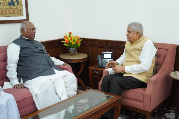 During a meeting with Vice President Jagdeep Dhankhar on Monday, Leader of the Opposition in the Rajya Sabha Mallikarjun Kharge.