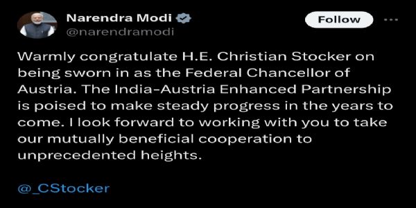 PM Modi congratulates New Austrian Chancellor Christian Stocker