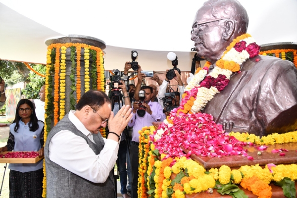 JP Nadda, the President of the BJP, paying floral tribute to the statue of Babasaheb Bhimrao Ambedkar at the Ambedkar Memorial located on Alipur Road in Delhi.