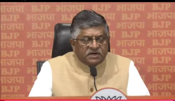 BJP leader Ravi Shankar Prasad addressing the press conference.
