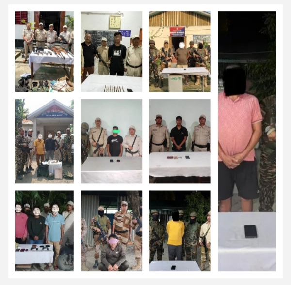 उग्रवादियों खिलाफ मणिपुर में जारी जोरदार अभियान में  पकड़े गए उग्रवादियों तथा बड़ी मात्रा में बरामद हथियार और विस्फोटकों की तस्वीरें।