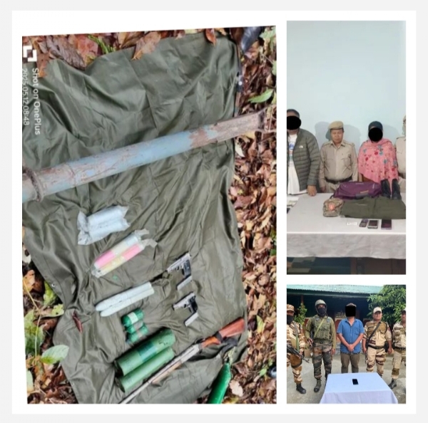 मणिपुर में बरामद हथियार और विस्फोटकों तथा गिरफ्तार उग्रवादियों की तस्वीर।