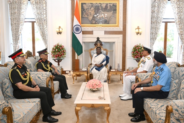 CDS and the three service chiefs with President Droupadi Murmu. CDS and the three service chiefs with President Droupadi Murmu.