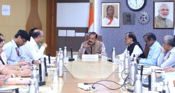 Union Minister of Science and Technology Dr. Jitendra Singh presiding over a high-level monthly review meeting with the secretaries of all major science departments at Vigyan Bhavan.
