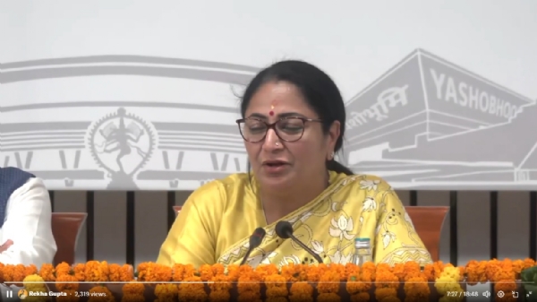 Chief Minister Rekha Gupta addressing a press conference at the Delhi Secretariat on Friday.