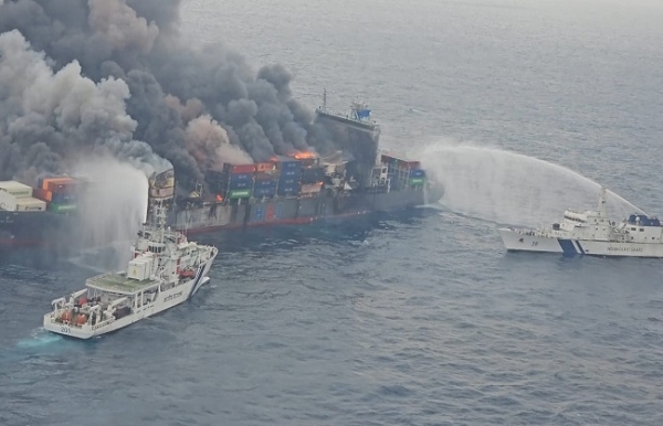 Indian coast guard continues to battle blaze on Singapore-registered container ship