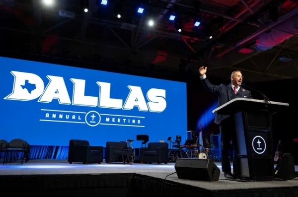 Southern Baptist Convention President Clint Presley addresses the annual meeting at the Bailey Hutchison Convention Center in Dallas on Tuesday.