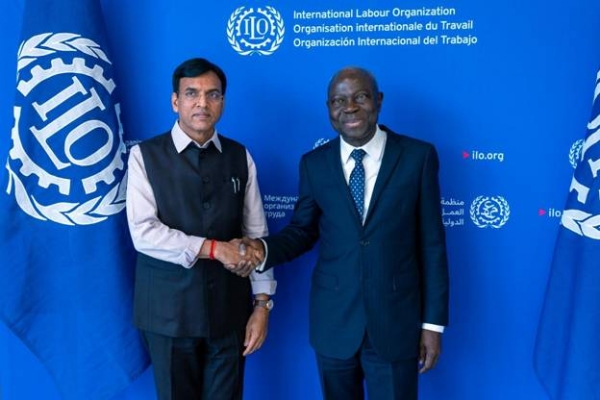 Union Minister of Labour & Employment and Youth Affairs & Sports, Dr. Mansukh Mandaviya While holding a bilateral discussion with the Director General, ILO, Mr. Gilbert F. Houngbo on the sidelines of the International Labour Conference (ILC)