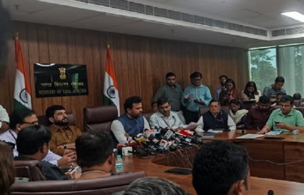 Civil Aviation Minister K. Ram Mohan Naidu addressing the press conference.