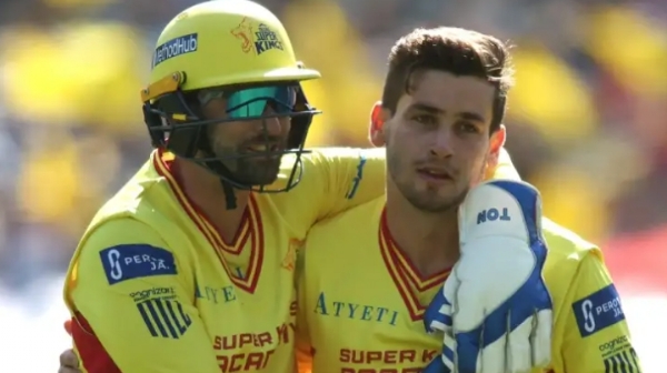 Devon Conway and Noor Ahmad celebrating the wicket. Devon Conway and Noor Ahmad celebrating the wicket.