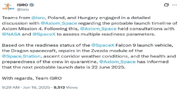 Axiom Mission-4 launch delayed to June 22