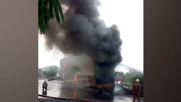 Container truck catches fire on NH 16