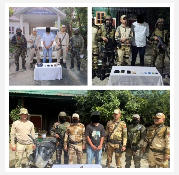 मणिपुर में अलग-अलग अभियानों में गिरफ्तार उग्रवादियों की तस्वीर।
