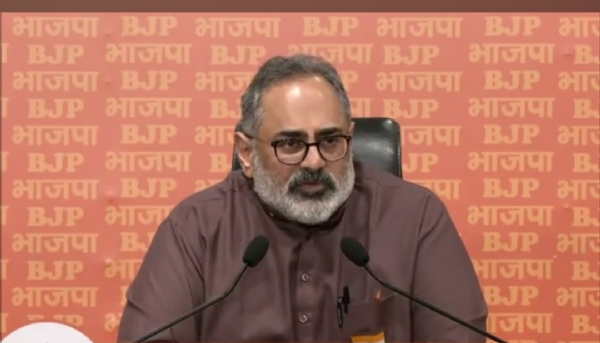 BJP leader Rajeev Chandrasekhar addressing a press conference.