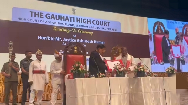 Assam Governor Laxman Prasad Acharya administering oath to Justice Ashutosh Kumar as new Chief Justice of Guwahati High Court at Srimanta Sankardeva Kalakshetra Auditorium in Panjabari, Guwahati.