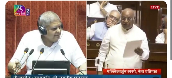 During the discussion in the Rajya Sabha, Chairman Jagdeep Dhankhar and Opposition Leader Mallikarjun Kharge.
