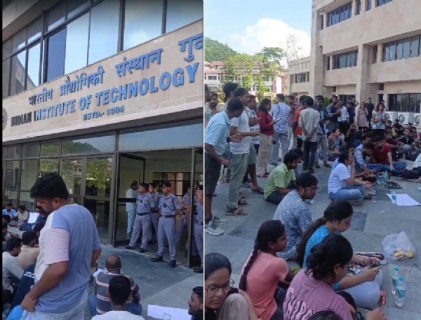 Photo caption: Students protesting in front of the administrative building of IIT Guwahati on Tuesday for their demands.