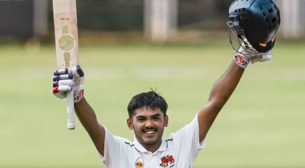 Ayush Mhatre celebrating after scoring a century.