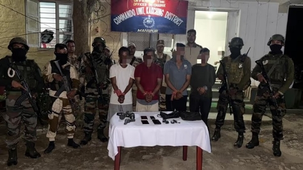Image of the four arrested KCP (PWG) Cadres in Kakching and seized Arms and Equipment.