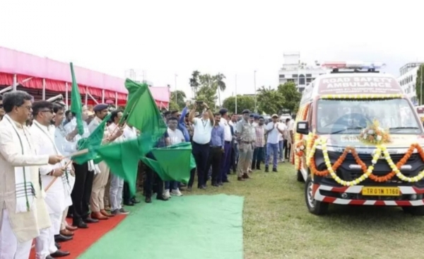 Tripura CM Dr Manik Saha launching 16 ambulances to bolster road safety.