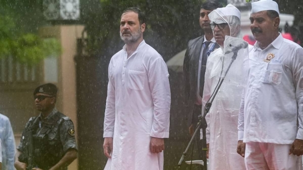 Rahul Gandhi at Indira Bhavan, where he took part in a flag hoisting ceremony