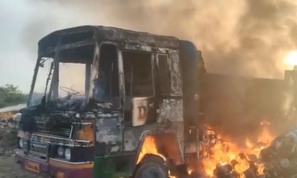 Chemical Waste Illegally Dumped and Ignited in Tambaram, Lorry Destroyed