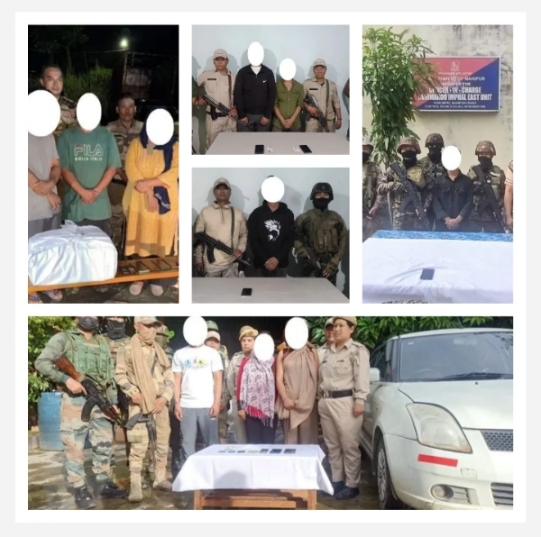 Image of the arrested rebels and seized narcotics in Manipur.