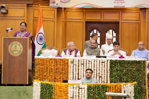 Delhi CM Rekha Gupta addressing the Conference