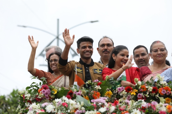 Astronaut and Indian Air Force Group Captain Shubhanshu Shukla during road show on Monday