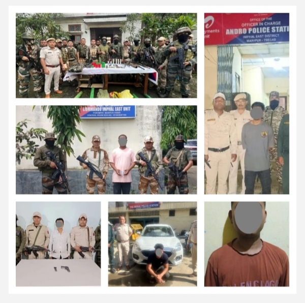 Image of the arrested rebels and seized arms in Manipur.