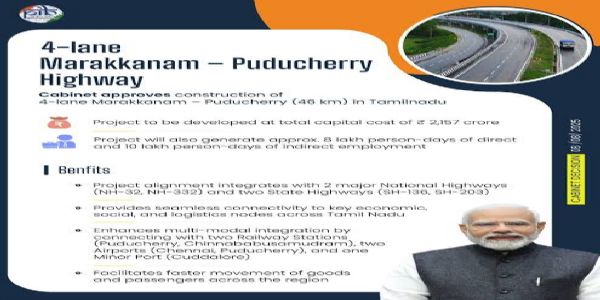 Cabinet Approves ₹2,157 Crore for 4-Lane Marakkanam–Puducherry Highway Project