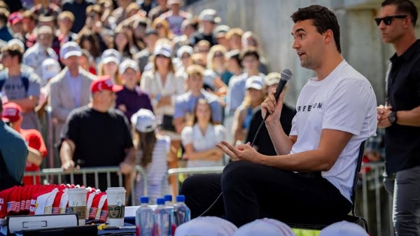 Charlie Kirk during speaking at Utah Valley University in Orem, Utah, Wednesday, Sept. 10, 2025.