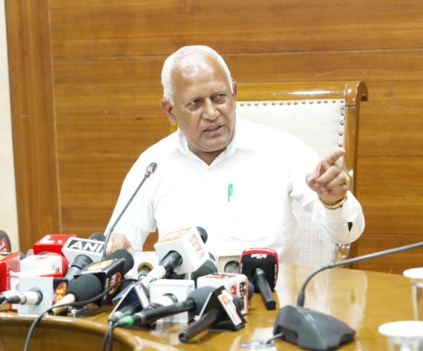 Punjab’s Water Resources Minister Barinder Kumar Goyal talking to journalists.